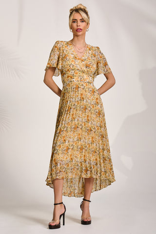 Printed Chiffon Pleated Maxi Dress, Yellow Floral