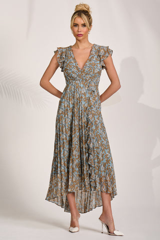 Pleated Chiffon Dip Hem Maxi Dress, Blue Floral