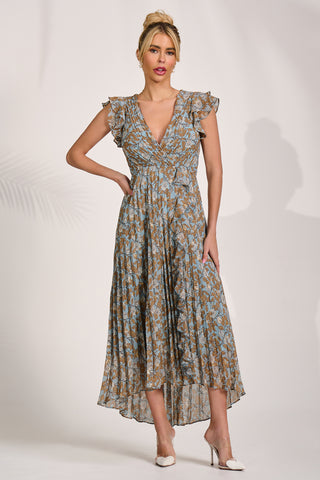 Pleated Chiffon Dip Hem Maxi Dress, Blue Floral