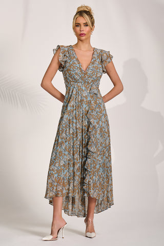 Pleated Chiffon Dip Hem Maxi Dress, Blue Floral