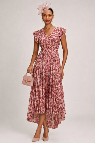Pleated Chiffon Dip Hem Maxi Dress, Pink Floral