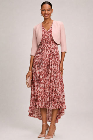 Pleated Chiffon Dip Hem Maxi Dress, Pink Floral