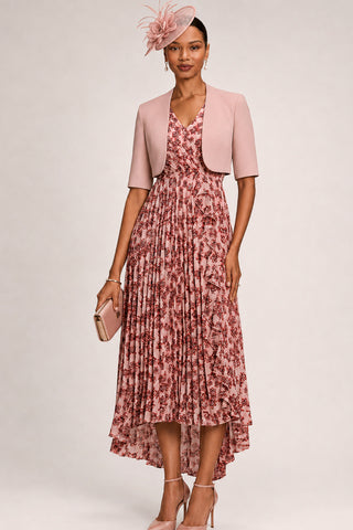 Pleated Chiffon Dip Hem Maxi Dress, Pink Floral