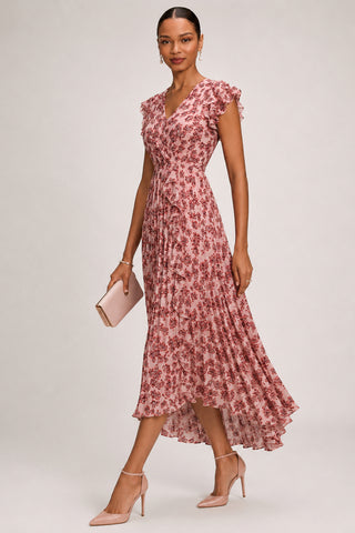 Pleated Chiffon Dip Hem Maxi Dress, Pink Floral