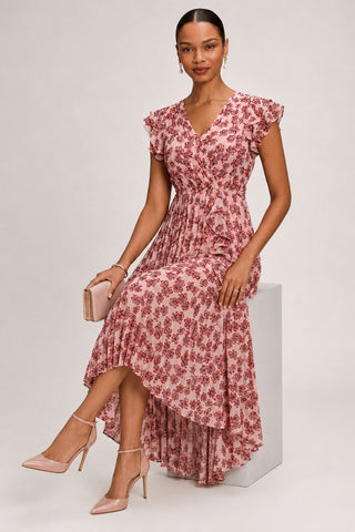 Pleated Chiffon Dip Hem Maxi Dress, Pink Floral