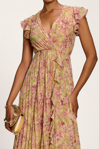 Pleated Chiffon Dip Hem Maxi Dress, Purple Floral
