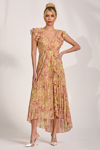 Pleated Chiffon Dip Hem Maxi Dress, Purple Floral