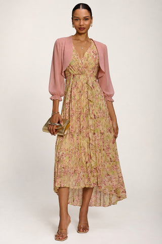 Pleated Chiffon Dip Hem Maxi Dress, Purple Floral