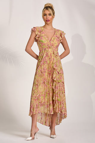 Pleated Chiffon Dip Hem Maxi Dress, Purple Floral