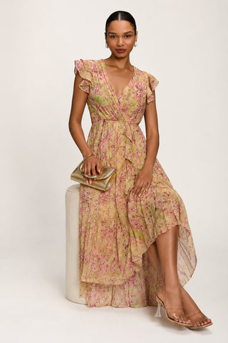 Pleated Chiffon Dip Hem Maxi Dress, Purple Floral