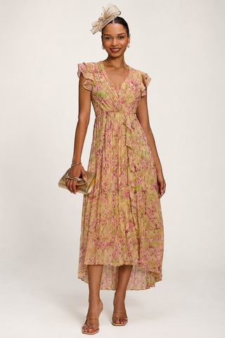 Pleated Chiffon Dip Hem Maxi Dress, Purple Floral