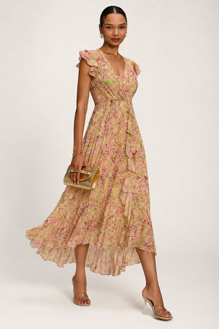 Pleated Chiffon Dip Hem Maxi Dress, Purple Floral