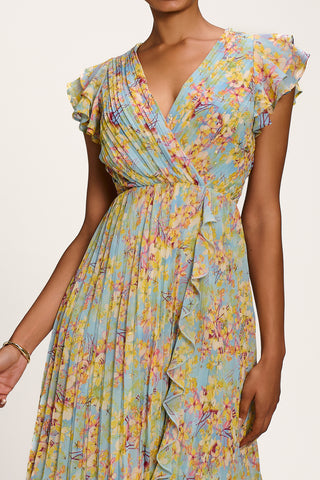 Pleated Chiffon Dip Hem Maxi Dress, Yellow Floral