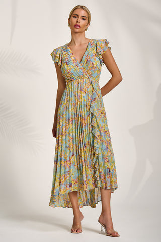 Pleated Chiffon Dip Hem Maxi Dress, Yellow Floral