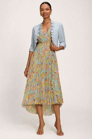 Pleated Chiffon Dip Hem Maxi Dress, Yellow Floral