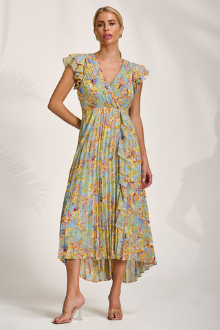 Pleated Chiffon Dip Hem Maxi Dress, Yellow Floral