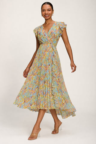 Pleated Chiffon Dip Hem Maxi Dress, Yellow Floral