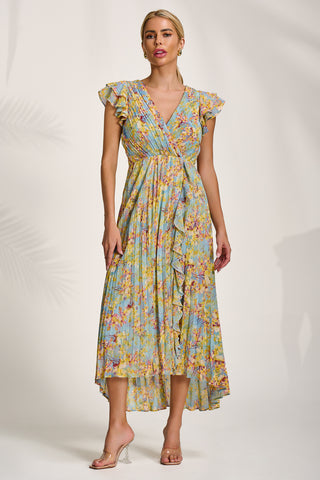Pleated Chiffon Dip Hem Maxi Dress, Yellow Floral