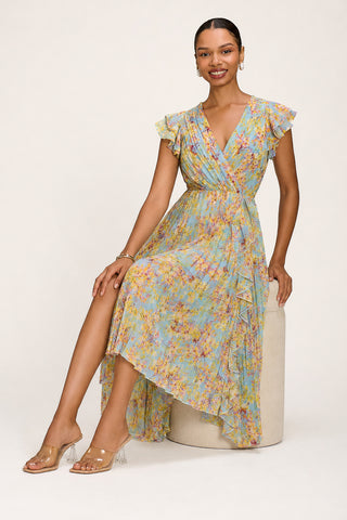 Pleated Chiffon Dip Hem Maxi Dress, Yellow Floral