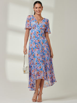 Floral Pleated Chiffon Dip Hem Dress, Blue Multi