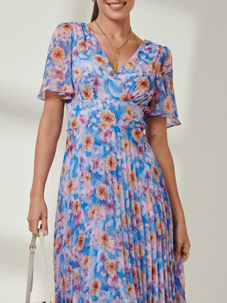 Floral Pleated Chiffon Dip Hem Dress, Blue Multi