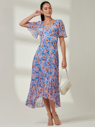 Floral Pleated Chiffon Dip Hem Dress, Blue Multi