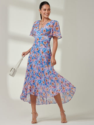 Floral Pleated Chiffon Dip Hem Dress, Blue Multi