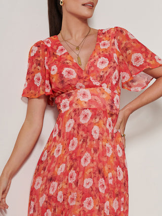 Floral Pleated Chiffon Dip Hem Dress, Orange Multi