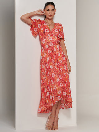 Floral Pleated Chiffon Dip Hem Dress, Orange Multi