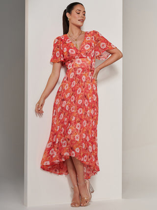 Floral Pleated Chiffon Dip Hem Dress, Orange Multi