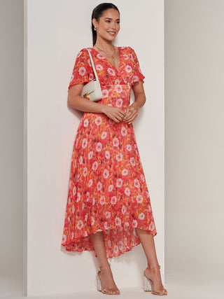 Floral Pleated Chiffon Dip Hem Dress, Orange Multi