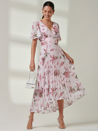 Floral Pleated Chiffon Dip Hem Dress, Pink Floral