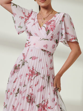 Floral Pleated Chiffon Dip Hem Dress, Pink Floral