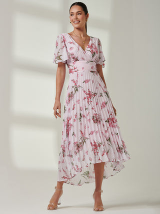 Floral Pleated Chiffon Dip Hem Dress, Pink Floral