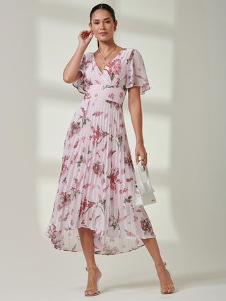 Floral Pleated Chiffon Dip Hem Dress, Pink Floral