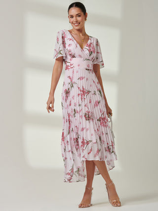 Floral Pleated Chiffon Dip Hem Dress, Pink Floral