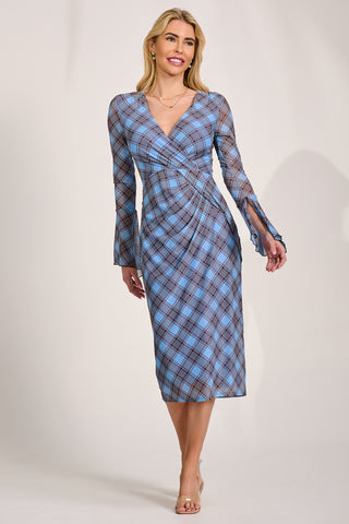 Long Sleeve Mesh Bodycon Dress, Blue Check