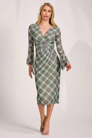 Long Sleeve Mesh Bodycon Dress, Lime Check