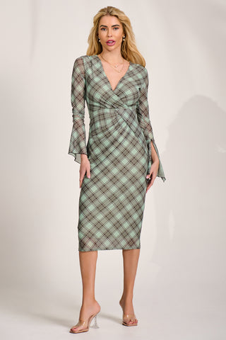 Long Sleeve Mesh Bodycon Dress, Lime Check