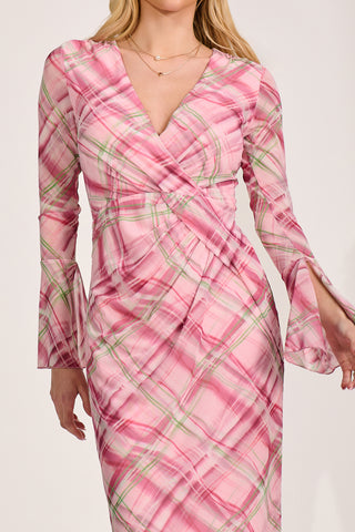Long Sleeve Mesh Bodycon Dress, Pink Check