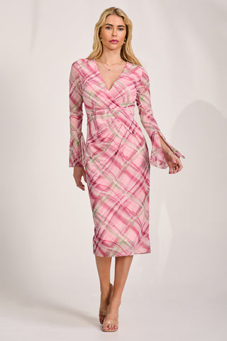 Long Sleeve Mesh Bodycon Dress, Pink Check