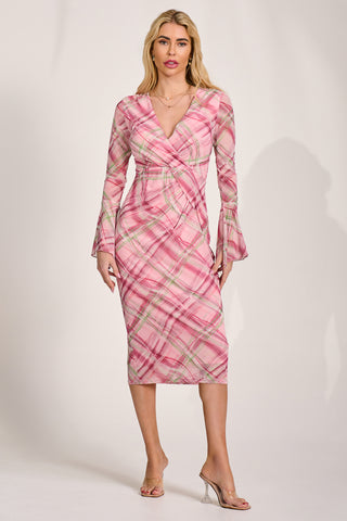 Long Sleeve Mesh Bodycon Dress, Pink Check