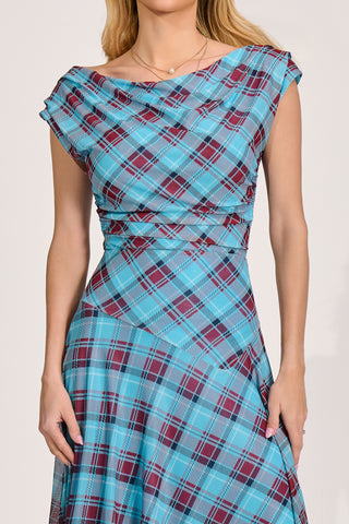 Asymmetric Draped Mesh Maxi Dress, Blue Check