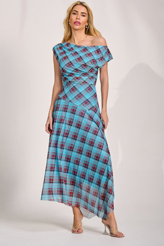 Asymmetric Draped Mesh Maxi Dress, Blue Check