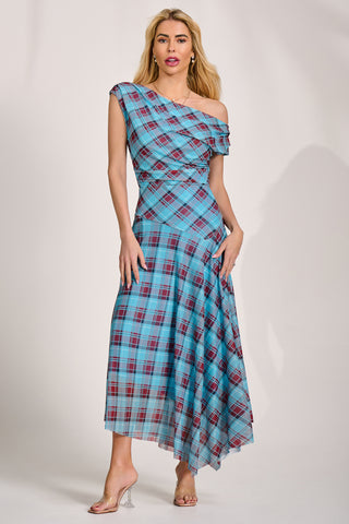 Asymmetric Draped Mesh Maxi Dress, Blue Check