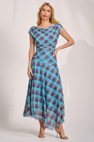 Asymmetric Draped Mesh Maxi Dress, Blue Check