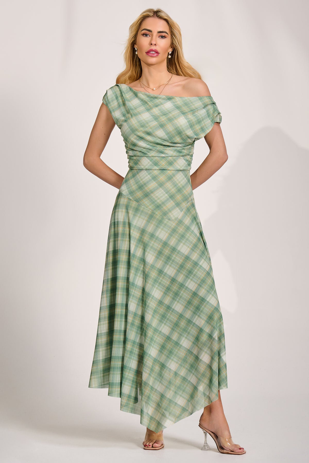 Asymmetric Draped Mesh Maxi Dress, Green Check – Jolie Moi Retail