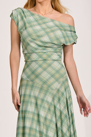 Asymmetric Draped Mesh Maxi Dress, Green Check