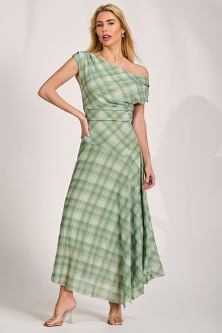 Asymmetric Draped Mesh Maxi Dress, Green Check