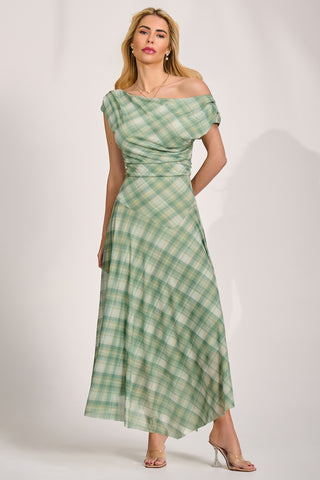 Asymmetric Draped Mesh Maxi Dress, Green Check